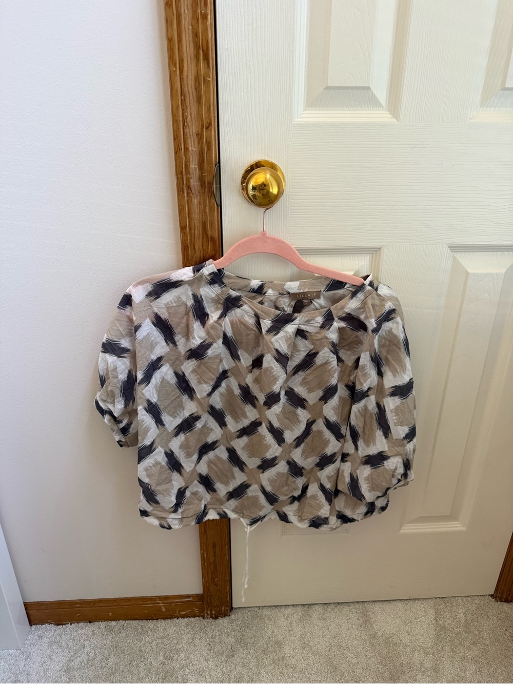 Lilla P Beige and Navy Abstract Pattern Blouse